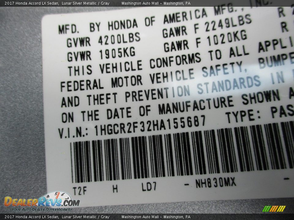 2017 Honda Accord LX Sedan Lunar Silver Metallic / Gray Photo #19