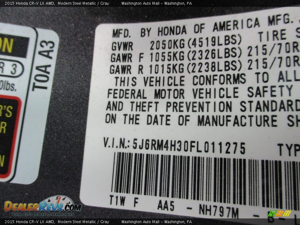 2015 Honda CR-V LX AWD Modern Steel Metallic / Gray Photo #19