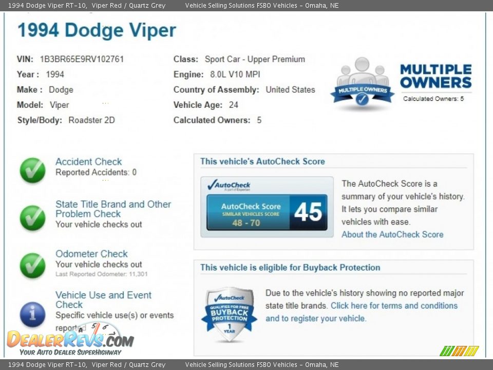 Dealer Info of 1994 Dodge Viper RT-10 Photo #2