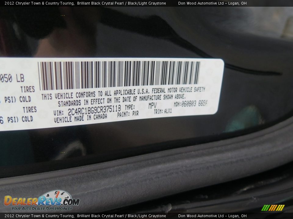 2012 Chrysler Town & Country Touring Brilliant Black Crystal Pearl / Black/Light Graystone Photo #34