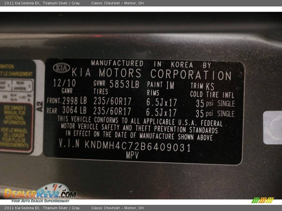 2011 Kia Sedona EX Titanium Silver / Gray Photo #29