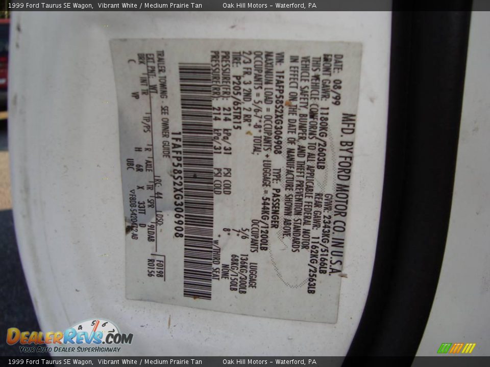 1999 Ford Taurus SE Wagon Vibrant White / Medium Prairie Tan Photo #19