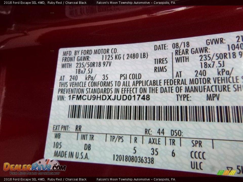 2018 Ford Escape SEL 4WD Ruby Red / Charcoal Black Photo #12
