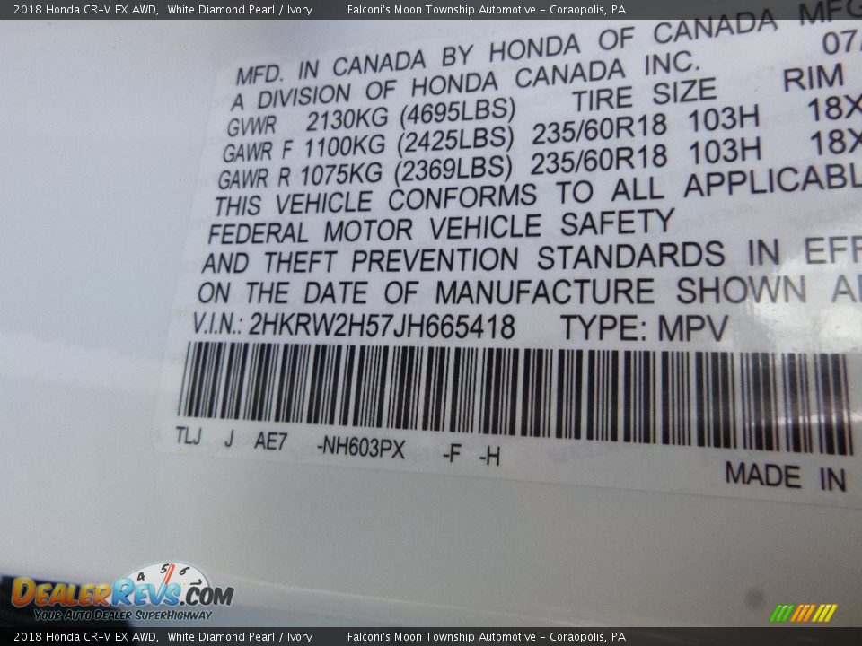 2018 Honda CR-V EX AWD White Diamond Pearl / Ivory Photo #12