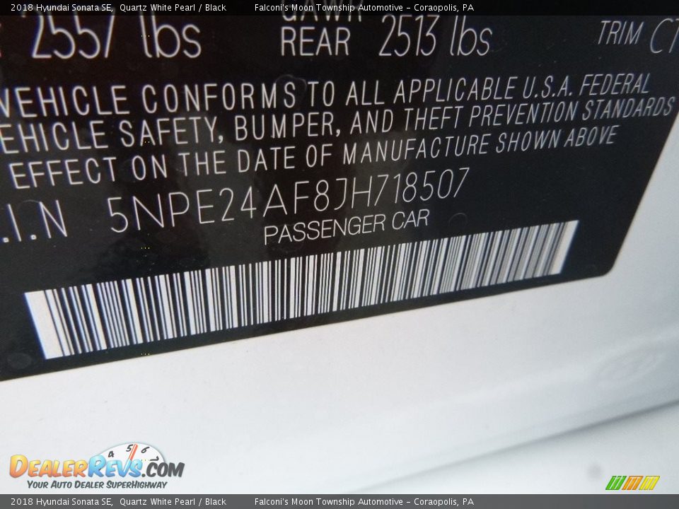 2018 Hyundai Sonata SE Quartz White Pearl / Black Photo #13