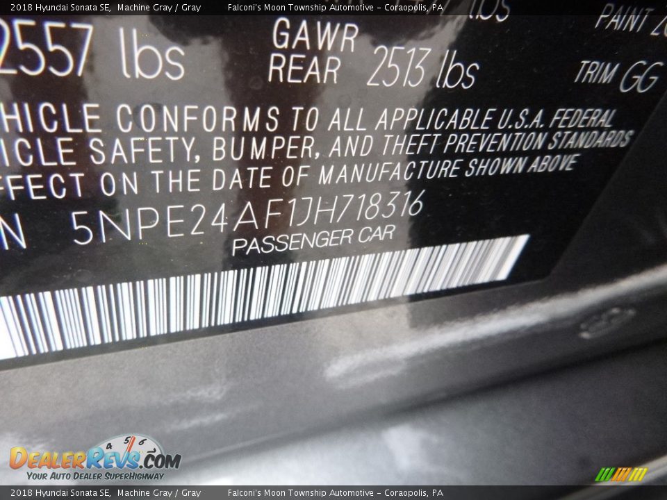 2018 Hyundai Sonata SE Machine Gray / Gray Photo #13