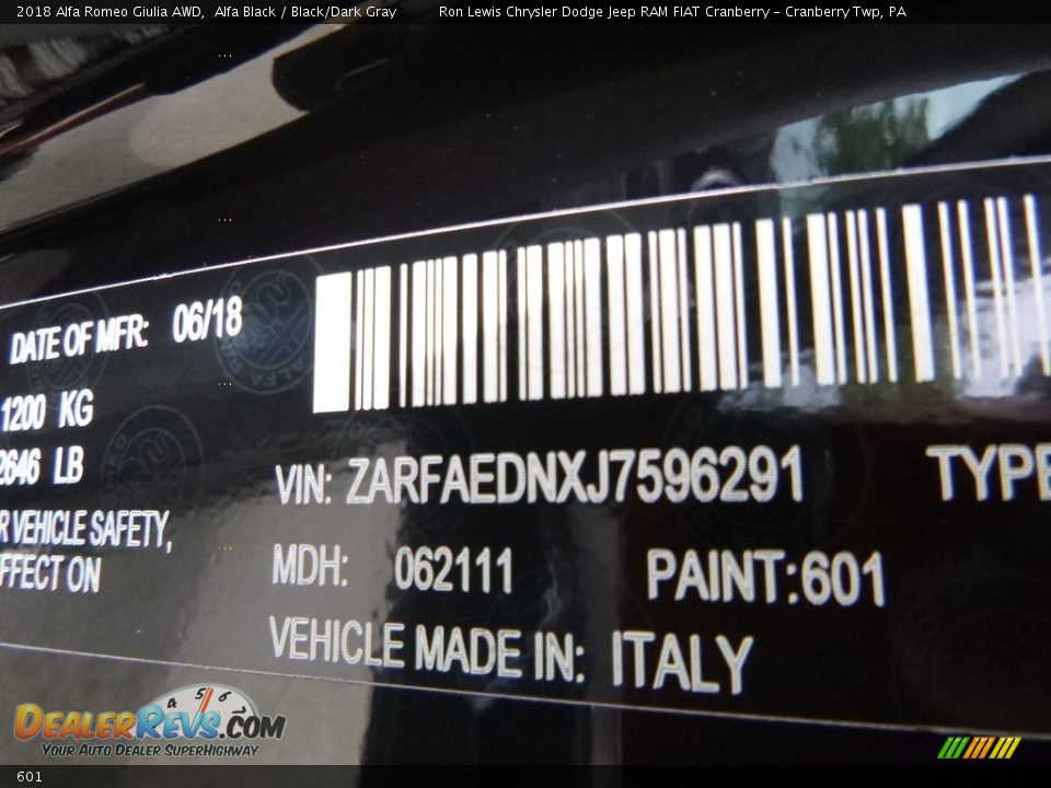 Alfa Romeo Color Code 601 Alfa Black