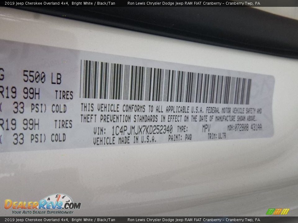 2019 Jeep Cherokee Overland 4x4 Bright White / Black/Tan Photo #16