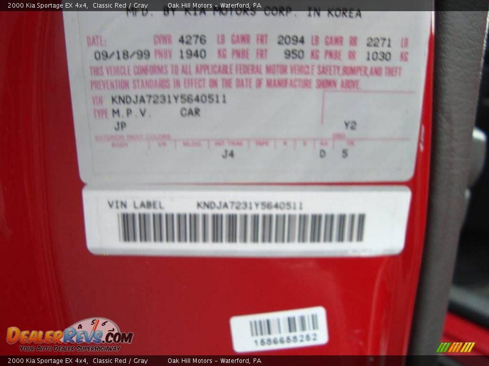 2000 Kia Sportage EX 4x4 Classic Red / Gray Photo #18