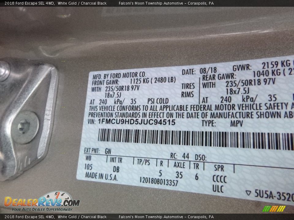 2018 Ford Escape SEL 4WD White Gold / Charcoal Black Photo #12