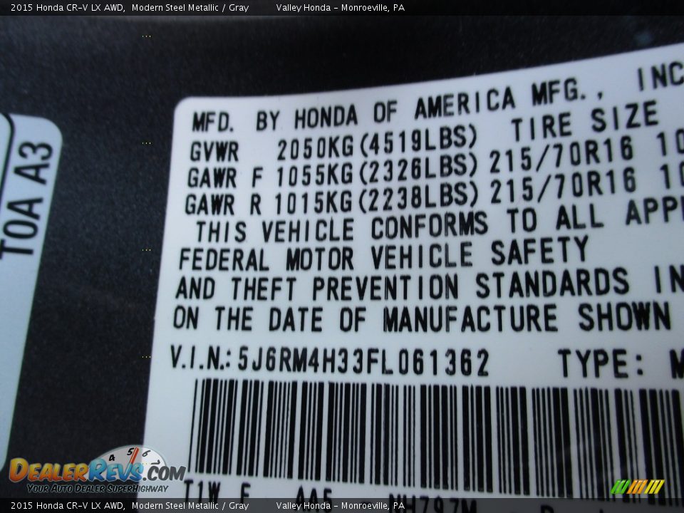 2015 Honda CR-V LX AWD Modern Steel Metallic / Gray Photo #19