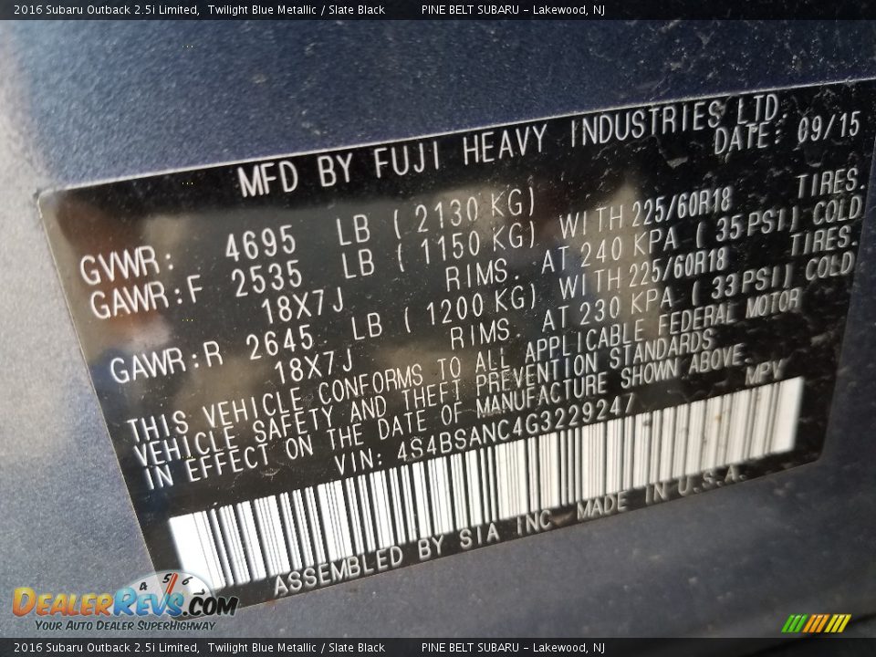2016 Subaru Outback 2.5i Limited Twilight Blue Metallic / Slate Black Photo #26