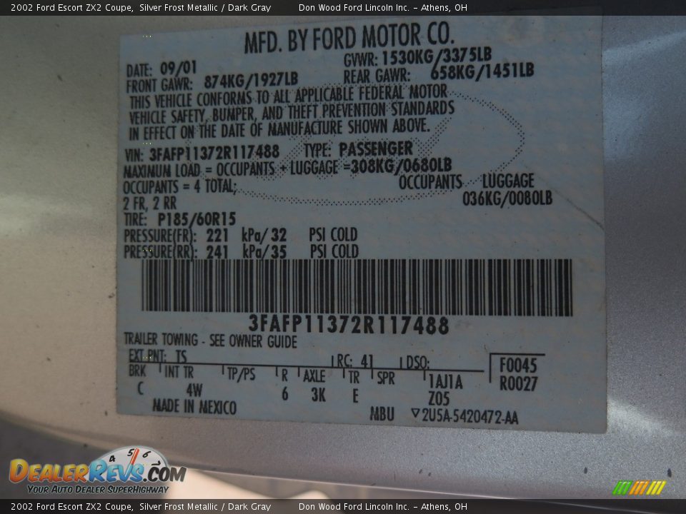 2002 Ford Escort ZX2 Coupe Silver Frost Metallic / Dark Gray Photo #34