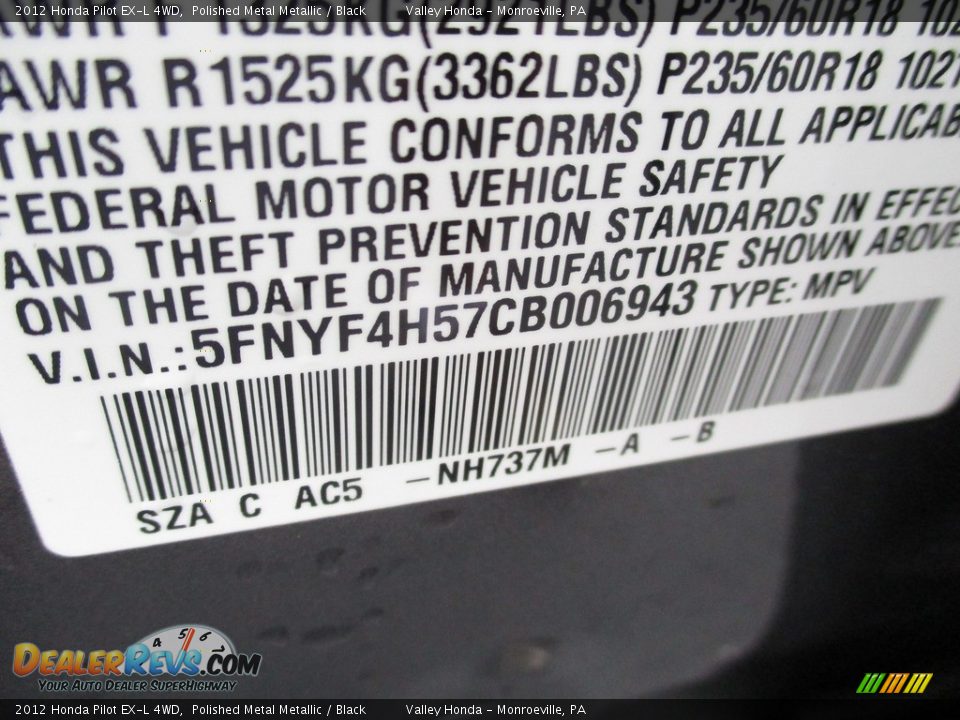 2012 Honda Pilot EX-L 4WD Polished Metal Metallic / Black Photo #19