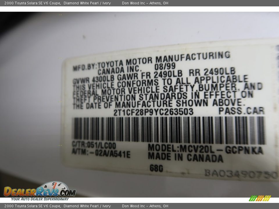 2000 Toyota Solara SE V6 Coupe Diamond White Pearl / Ivory Photo #35