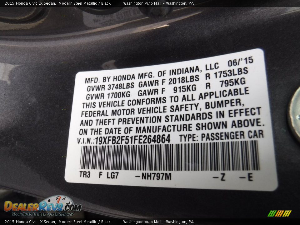 2015 Honda Civic LX Sedan Modern Steel Metallic / Black Photo #21