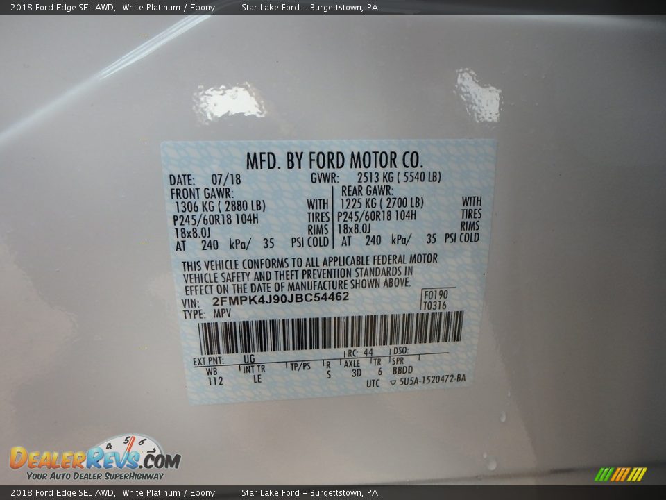 2018 Ford Edge SEL AWD White Platinum / Ebony Photo #15