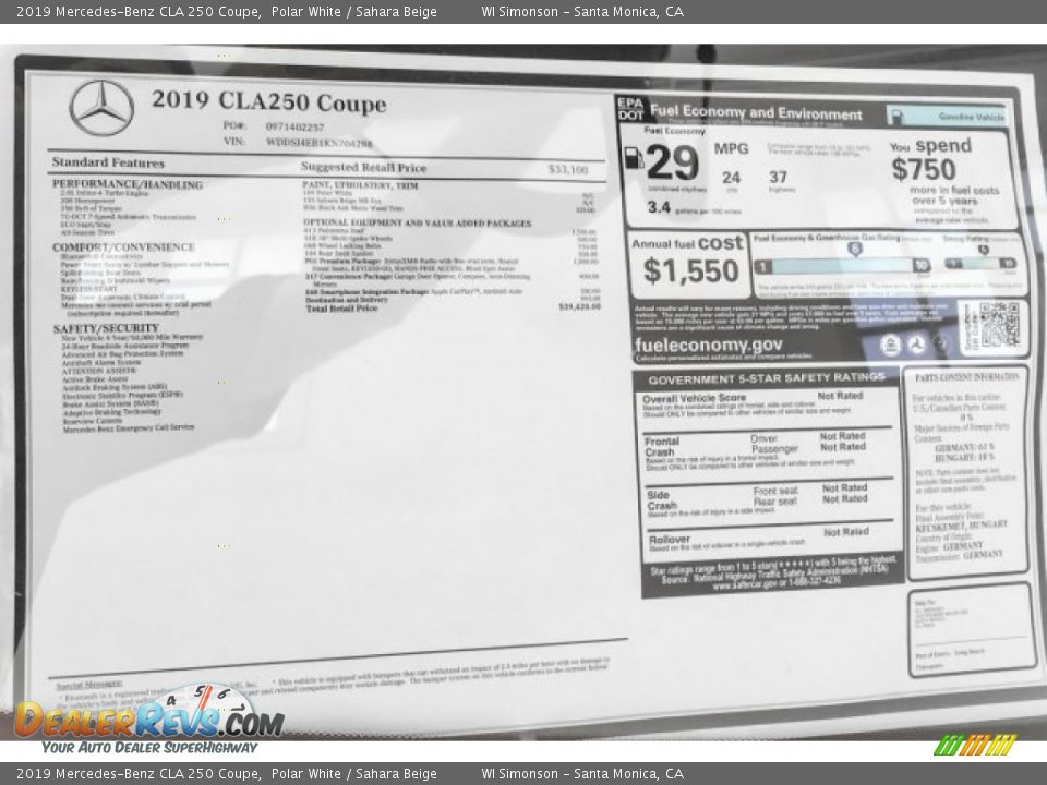 2019 Mercedes-Benz CLA 250 Coupe Window Sticker Photo #10