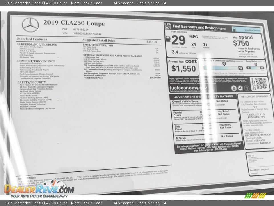 2019 Mercedes-Benz CLA 250 Coupe Window Sticker Photo #10