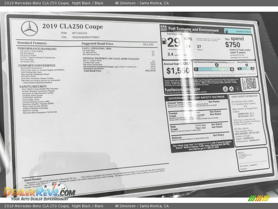 2019 Mercedes-Benz CLA 250 Coupe Window Sticker Photo #10