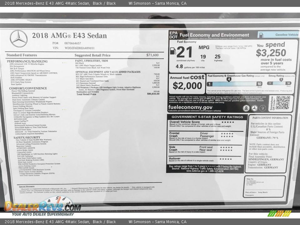 2018 Mercedes-Benz E 43 AMG 4Matic Sedan Window Sticker Photo #10