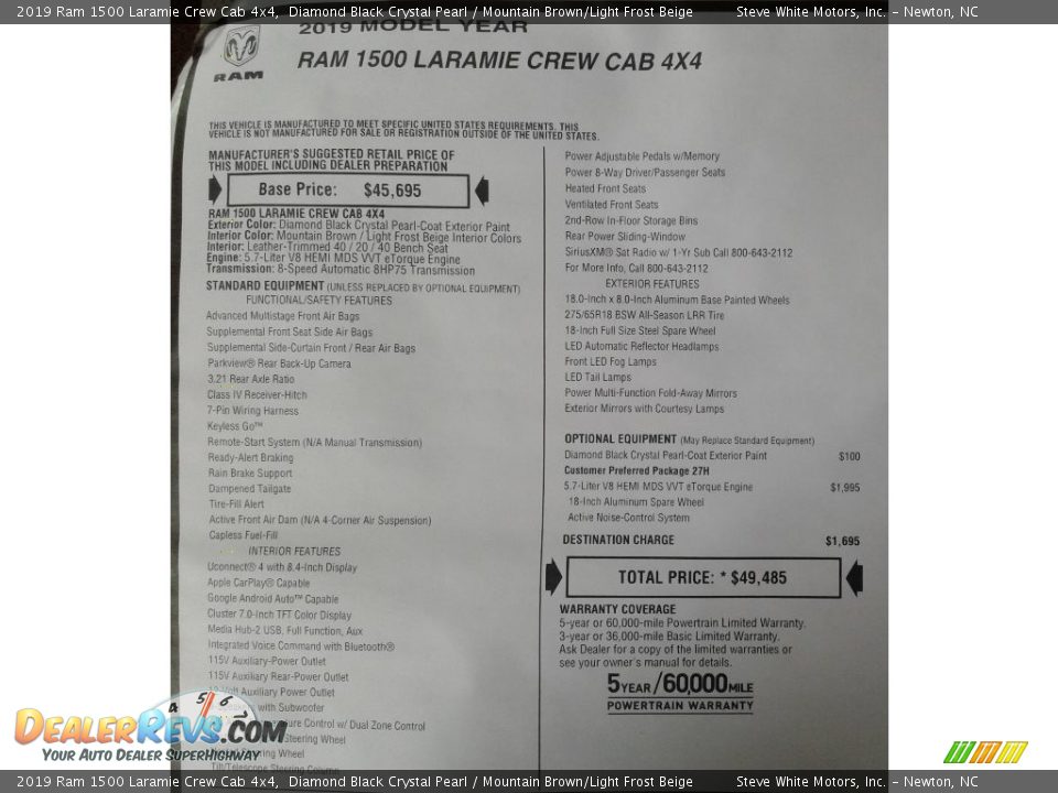 2019 Ram 1500 Laramie Crew Cab 4x4 Diamond Black Crystal Pearl / Mountain Brown/Light Frost Beige Photo #36