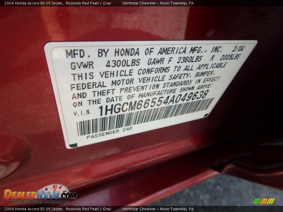 2004 Honda Accord EX V6 Sedan Redondo Red Pearl / Gray Photo #14