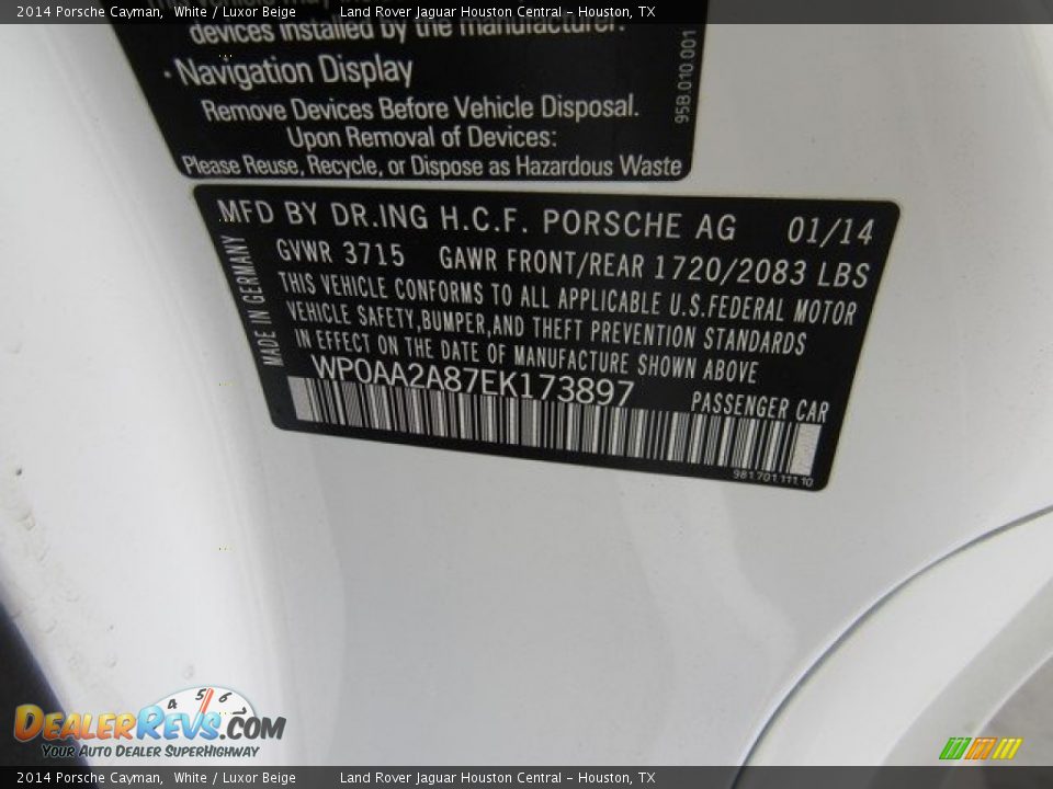 2014 Porsche Cayman White / Luxor Beige Photo #34