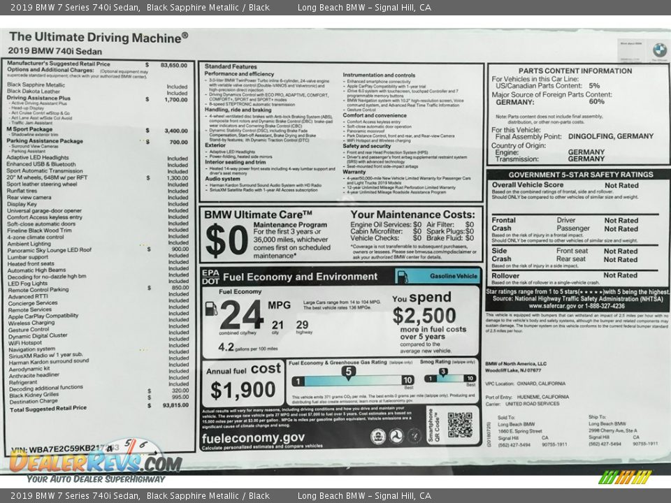 2019 BMW 7 Series 740i Sedan Window Sticker Photo #10