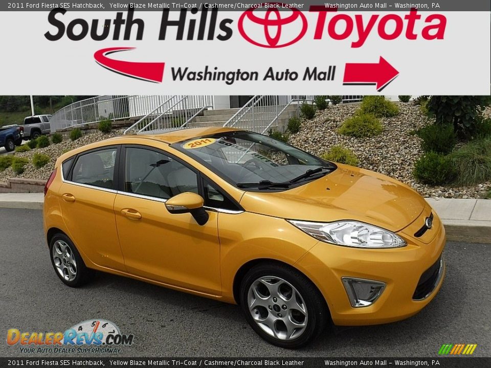 2011 Ford Fiesta SES Hatchback Yellow Blaze Metallic Tri-Coat / Cashmere/Charcoal Black Leather Photo #1