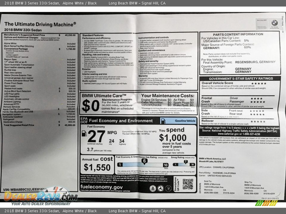 2018 BMW 3 Series 330i Sedan Alpine White / Black Photo #10