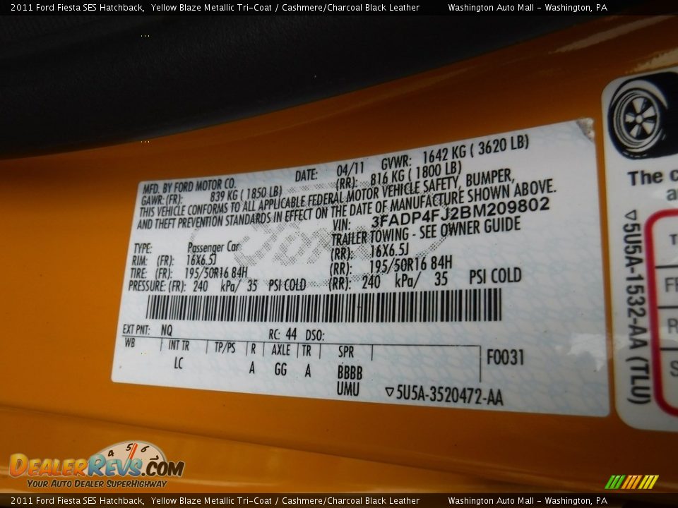 2011 Ford Fiesta SES Hatchback Yellow Blaze Metallic Tri-Coat / Cashmere/Charcoal Black Leather Photo #27