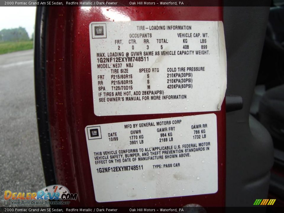 2000 Pontiac Grand Am SE Sedan Redfire Metallic / Dark Pewter Photo #16