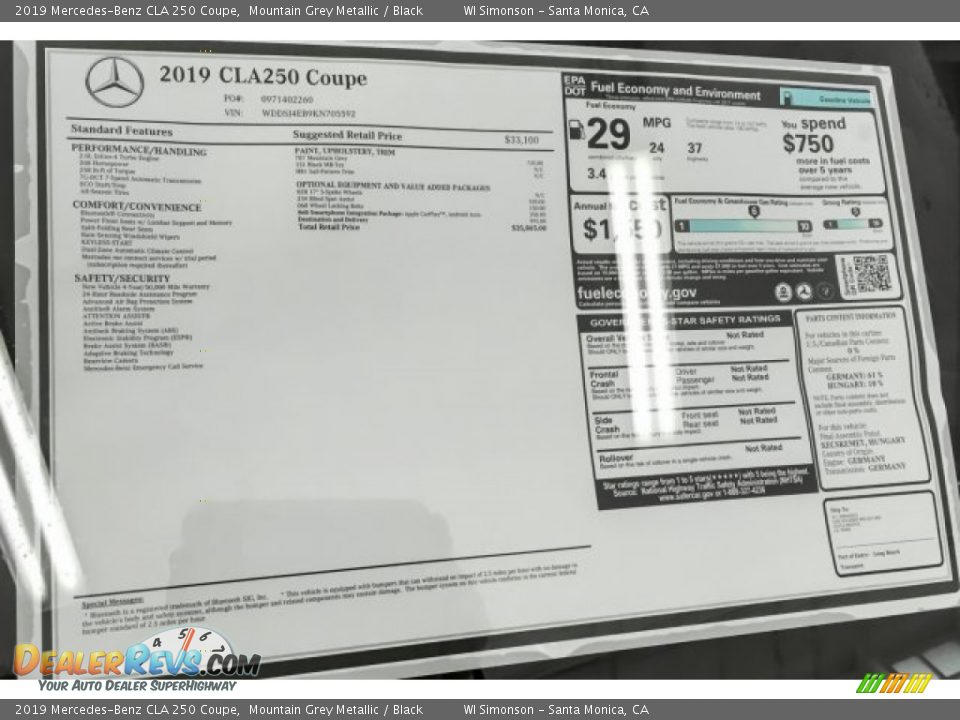 2019 Mercedes-Benz CLA 250 Coupe Window Sticker Photo #10