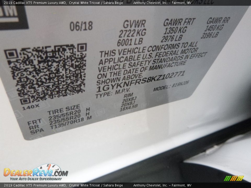 2019 Cadillac XT5 Premium Luxury AWD Crystal White Tricoat / Sahara Beige Photo #13