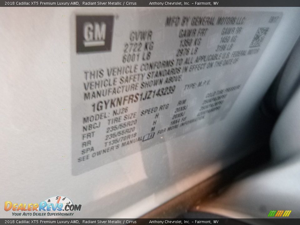 2018 Cadillac XT5 Premium Luxury AWD Radiant Silver Metallic / Cirrus Photo #15