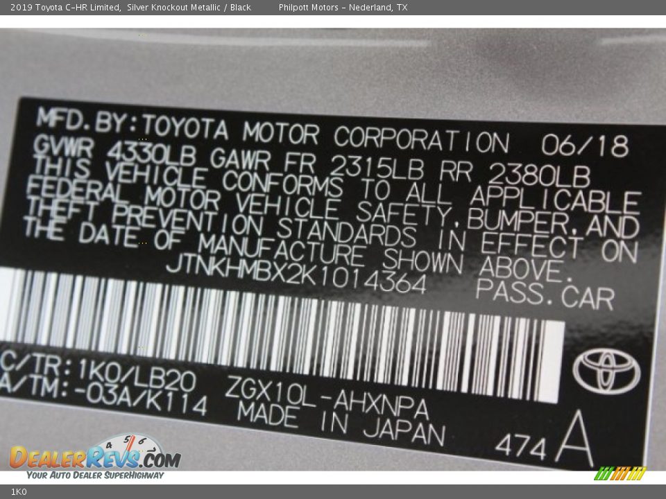 Toyota Color Code 1K0 Silver Knockout Metallic