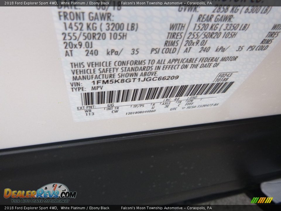 2018 Ford Explorer Sport 4WD White Platinum / Ebony Black Photo #13