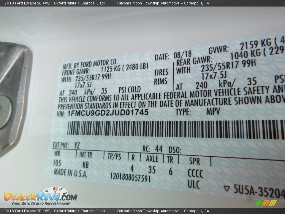 2018 Ford Escape SE 4WD Oxford White / Charcoal Black Photo #12