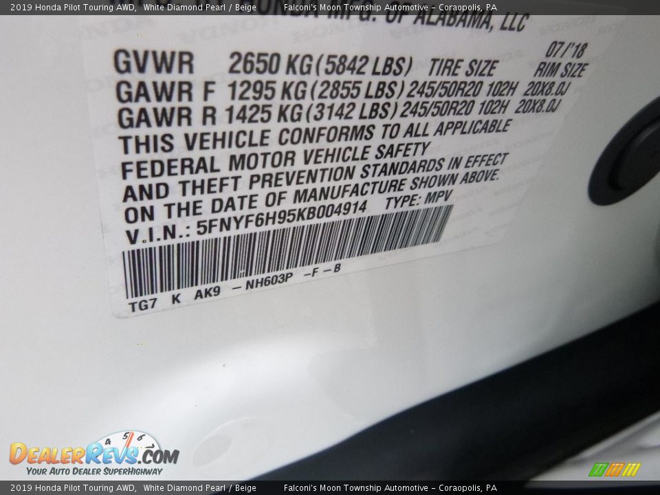 2019 Honda Pilot Touring AWD White Diamond Pearl / Beige Photo #11