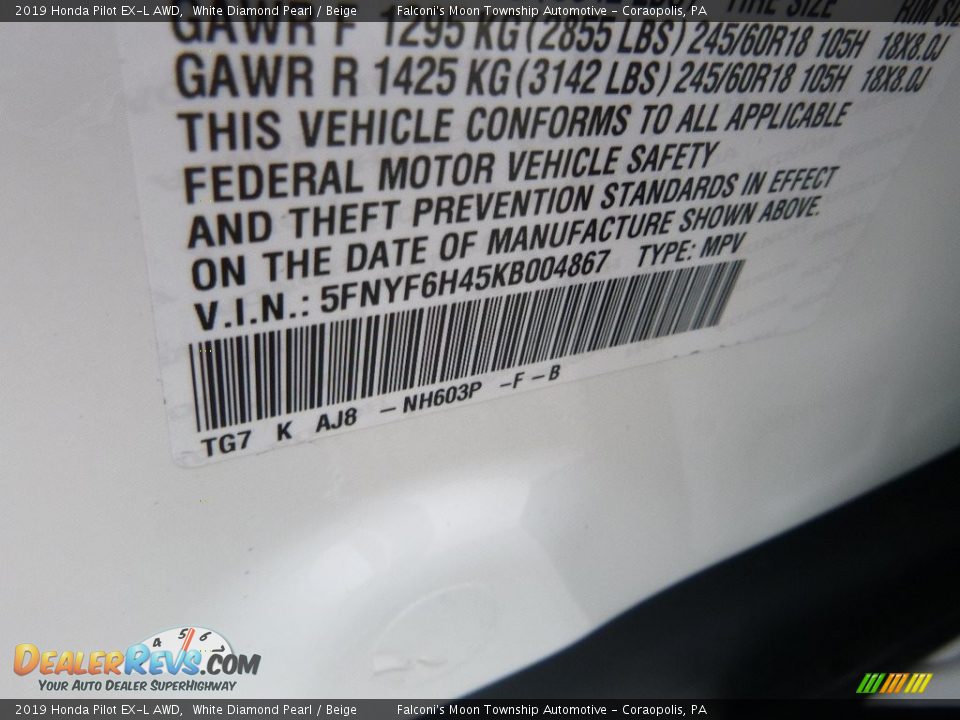 2019 Honda Pilot EX-L AWD White Diamond Pearl / Beige Photo #11