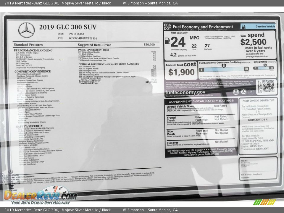 2019 Mercedes-Benz GLC 300 Window Sticker Photo #11