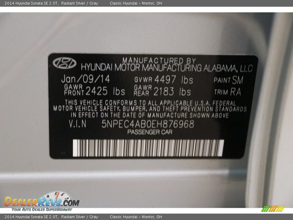 2014 Hyundai Sonata SE 2.0T Radiant Silver / Gray Photo #24