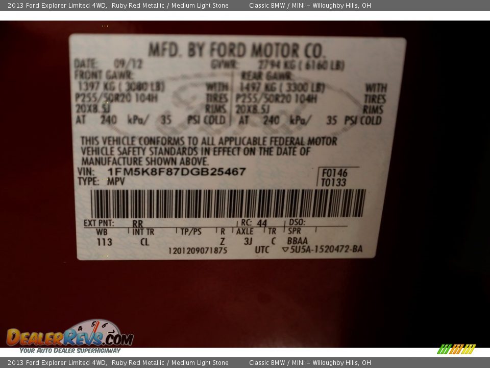 2013 Ford Explorer Limited 4WD Ruby Red Metallic / Medium Light Stone Photo #34