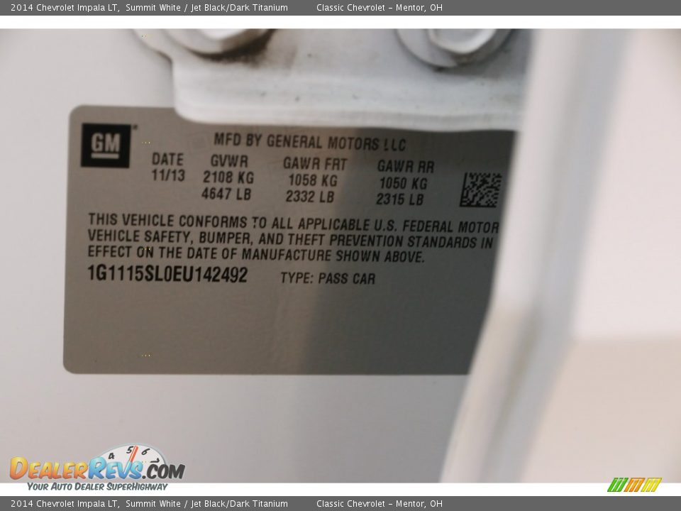 2014 Chevrolet Impala LT Summit White / Jet Black/Dark Titanium Photo #19