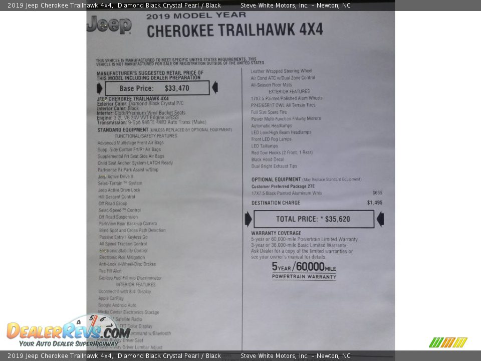 2019 Jeep Cherokee Trailhawk 4x4 Diamond Black Crystal Pearl / Black Photo #34