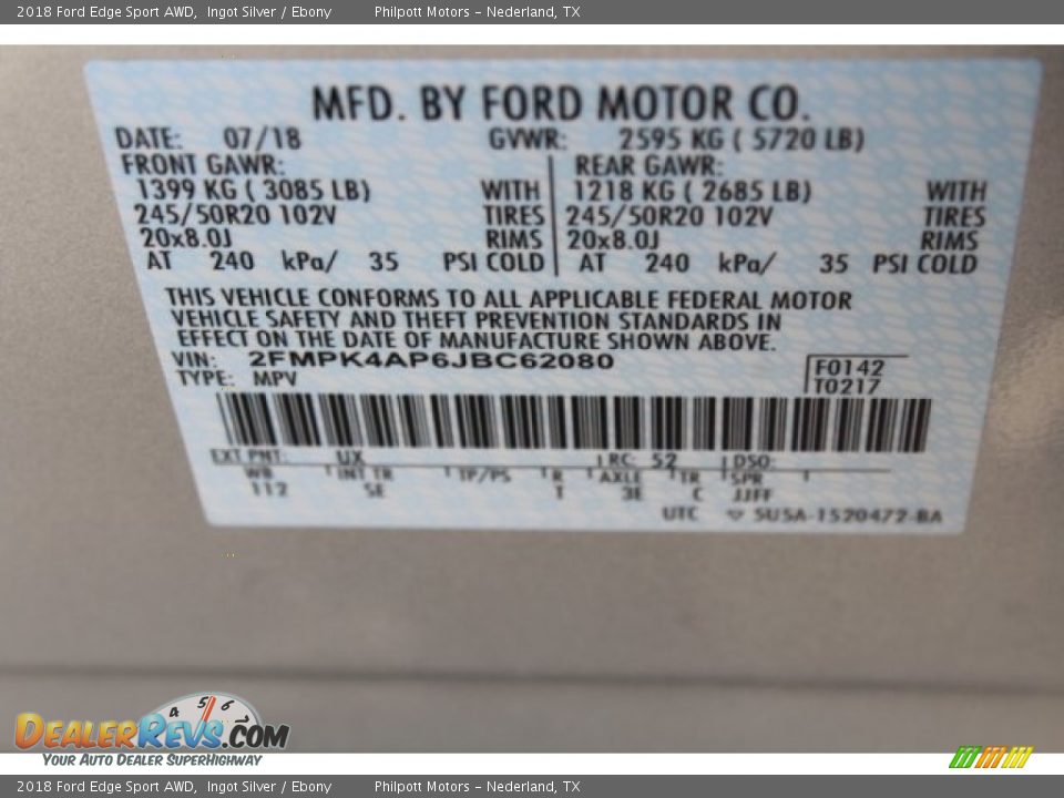 2018 Ford Edge Sport AWD Ingot Silver / Ebony Photo #36