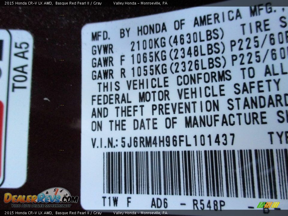 2015 Honda CR-V LX AWD Basque Red Pearl II / Gray Photo #20