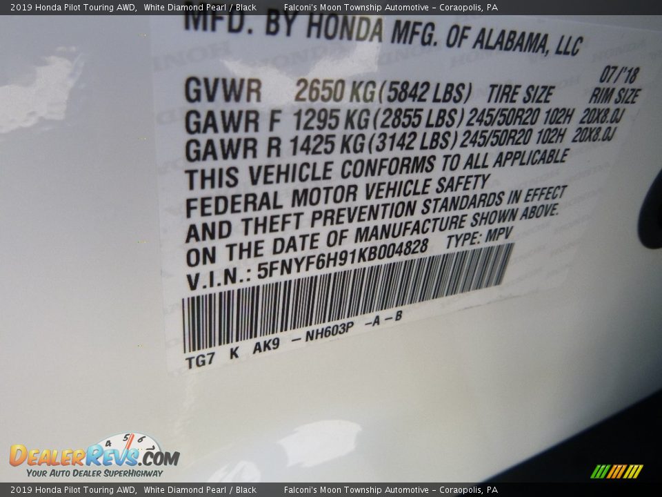 2019 Honda Pilot Touring AWD White Diamond Pearl / Black Photo #11
