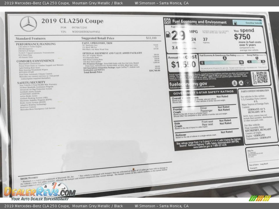 2019 Mercedes-Benz CLA 250 Coupe Mountain Grey Metallic / Black Photo #10